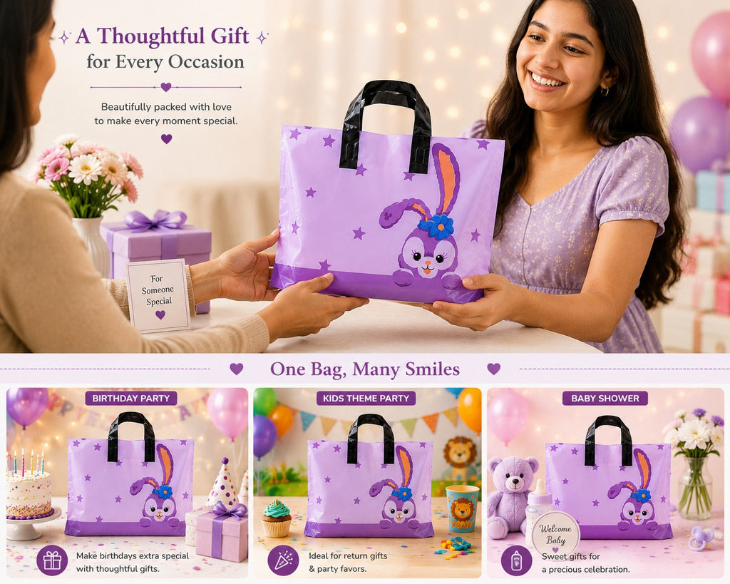 Premium Printed Frosted Plastic Gift Tote Bags | Reusable Carry Bags for Return Gifts, Hampers & Party Packaging (5 Designs Available) - Image 6