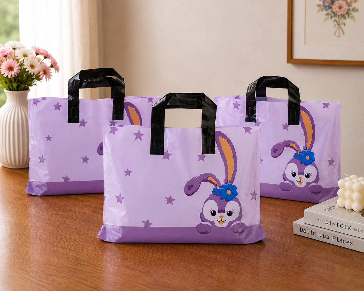 pack of 50pcs Premium Printed Frosted Plastic Gift Tote Bags | Reusable Carry Bags for Return Gifts, Hampers & Party Packaging (5 Designs Available)