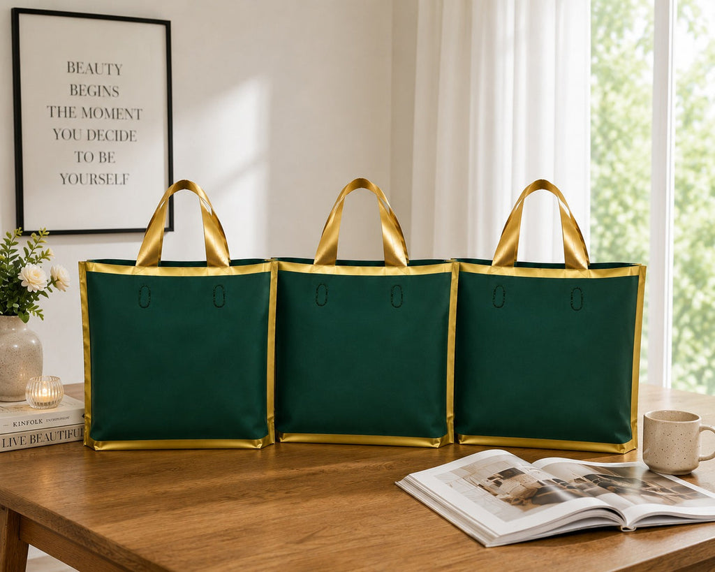pack of 25pcs Premium Plastic  Frosted Gift Carry Bag with Handle – Black, White & Green | 35×25×10 cm