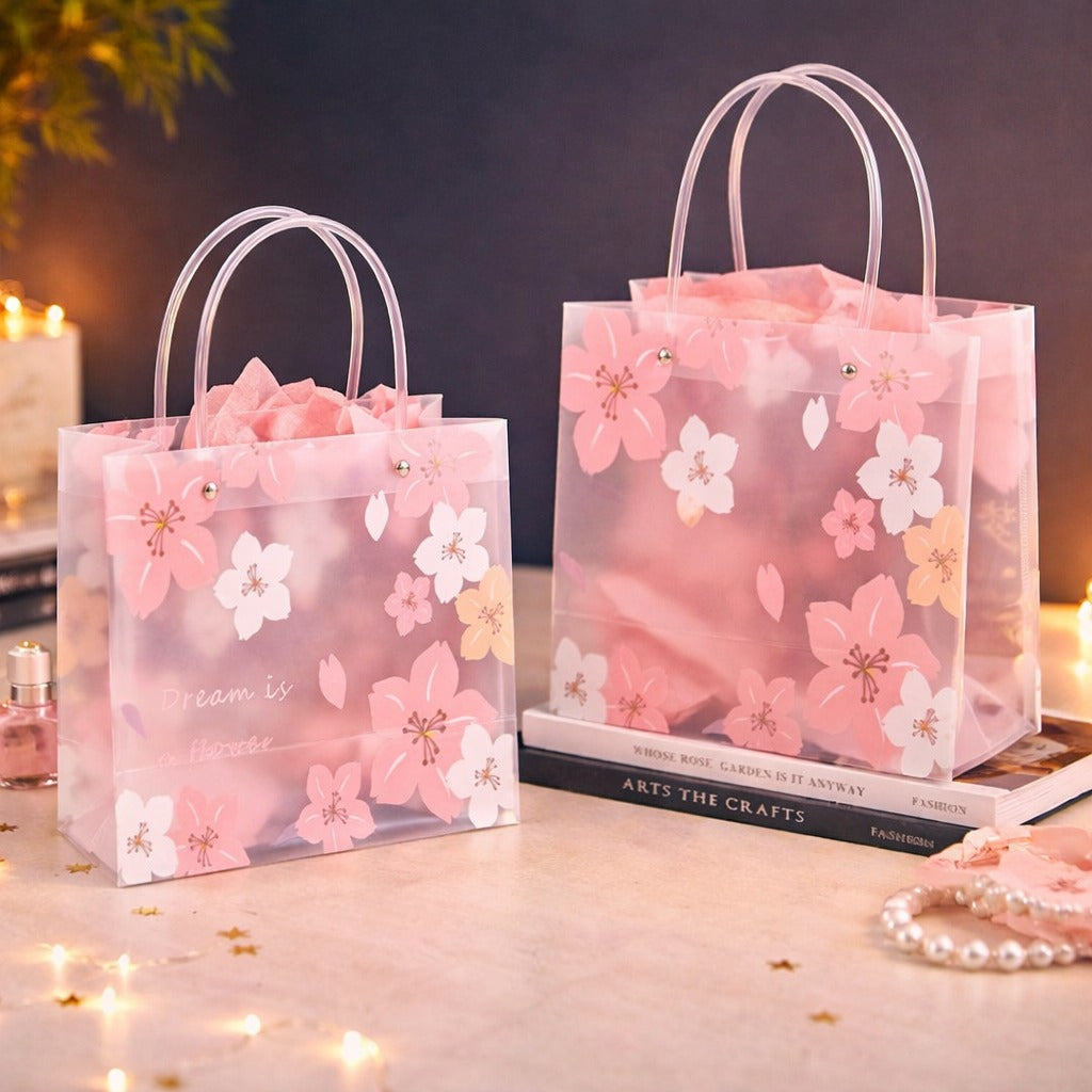 Floral Transparent Gift Bag with Floral Print &  | Gift Bag for Her/Him, hamper bag, Carry Bags, shopping gift bag, Presents, Packing, Wedding Return Gifts, Birthday, Events, Festivals (Pink) (24 cm x 22 cm) - Image 1