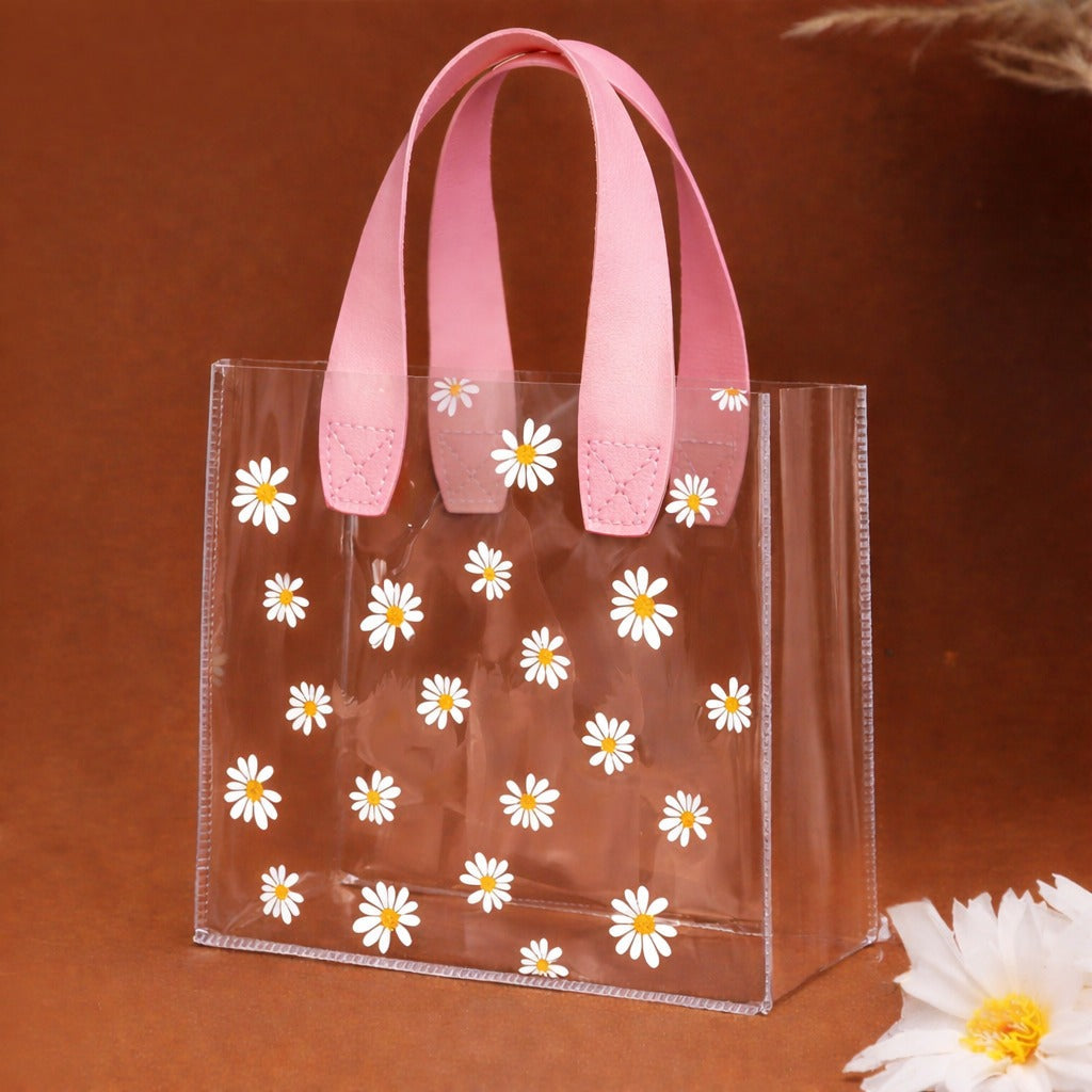 Transparent Gift Bag with Floral Print with Handle | Gift Bag for Her / Him,Handle hamper bagCarry Bags, shopping gift bag, Presents, Packing, Wedding Return Gifts, Birthday, Events, Festivals (17 x 19 cm) - Image 1