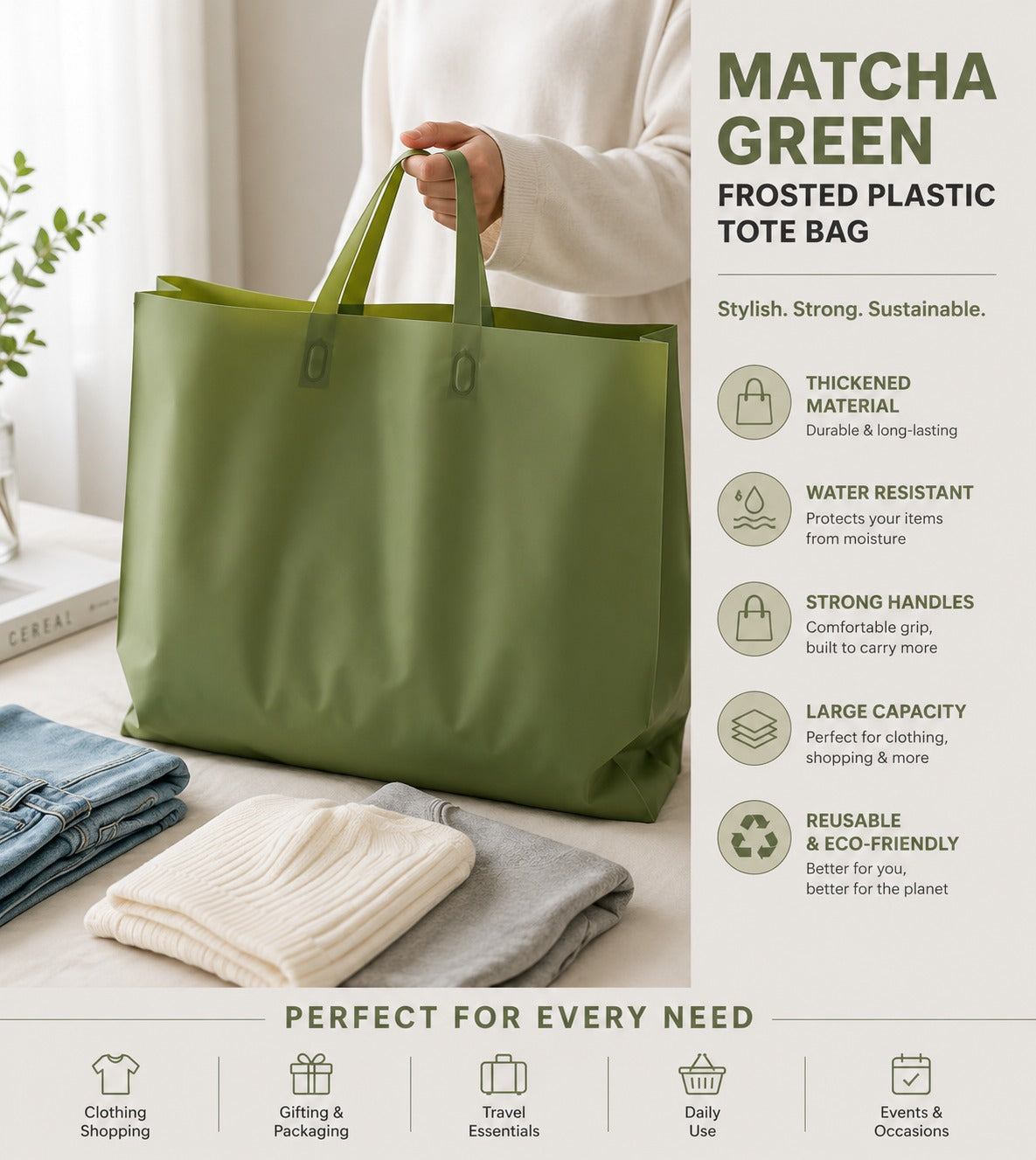 Matcha Green Frosted Plastic Tote Bag | Thickened Waterproof Clothing Shopping Carry Bag with Handles (11x10x3 Inch) - Image 1