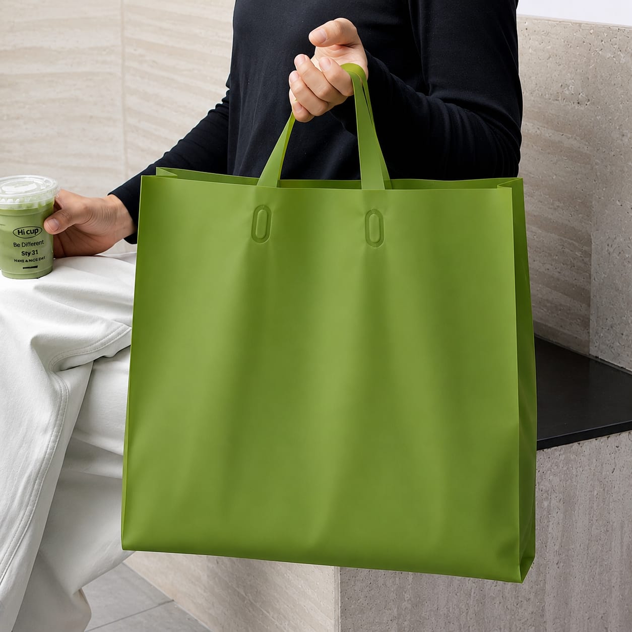 Matcha Green Frosted Plastic Tote Bag | Thickened Waterproof Clothing Shopping Carry Bag with Handles (11x10x3 Inch) - Image 5
