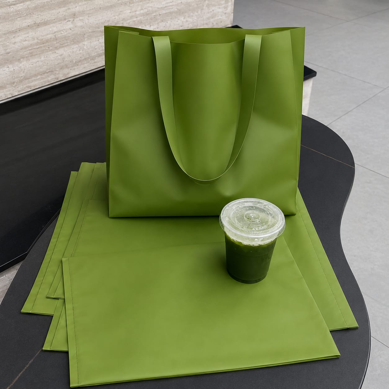 Matcha Green Frosted Plastic Tote Bag | Thickened Waterproof Clothing Shopping Carry Bag with Handles (11x10x3 Inch) - Image 6