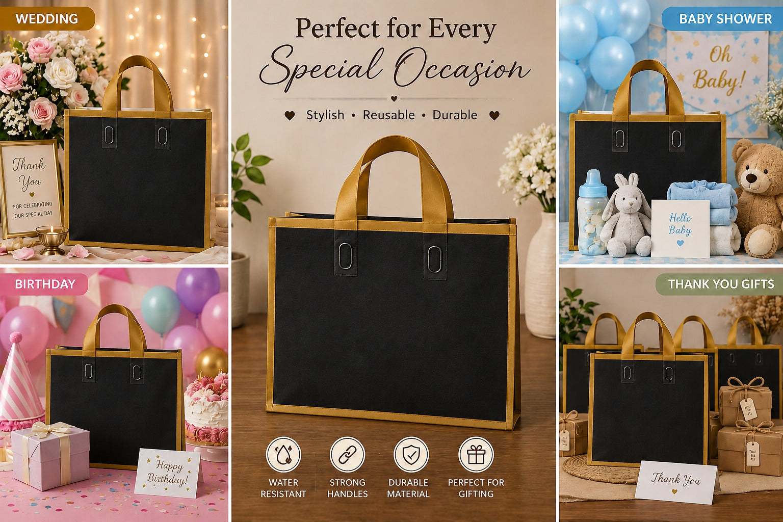 Premium Plastic  Frosted Gift Carry Bag with Handle – Black, White & Green | 35×25×10 cm - Image 15