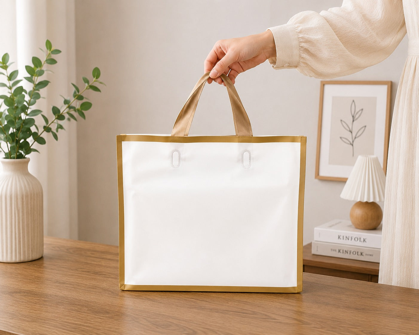 Premium Plastic  Frosted Gift Carry Bag with Handle – Black, White & Green | 35×25×10 cm - Image 5