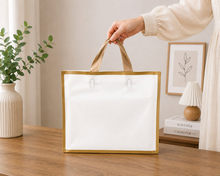 pack of 25pcs Premium Plastic  Frosted Gift Carry Bag with Handle – Black, White & Green | 35×25×10 cm