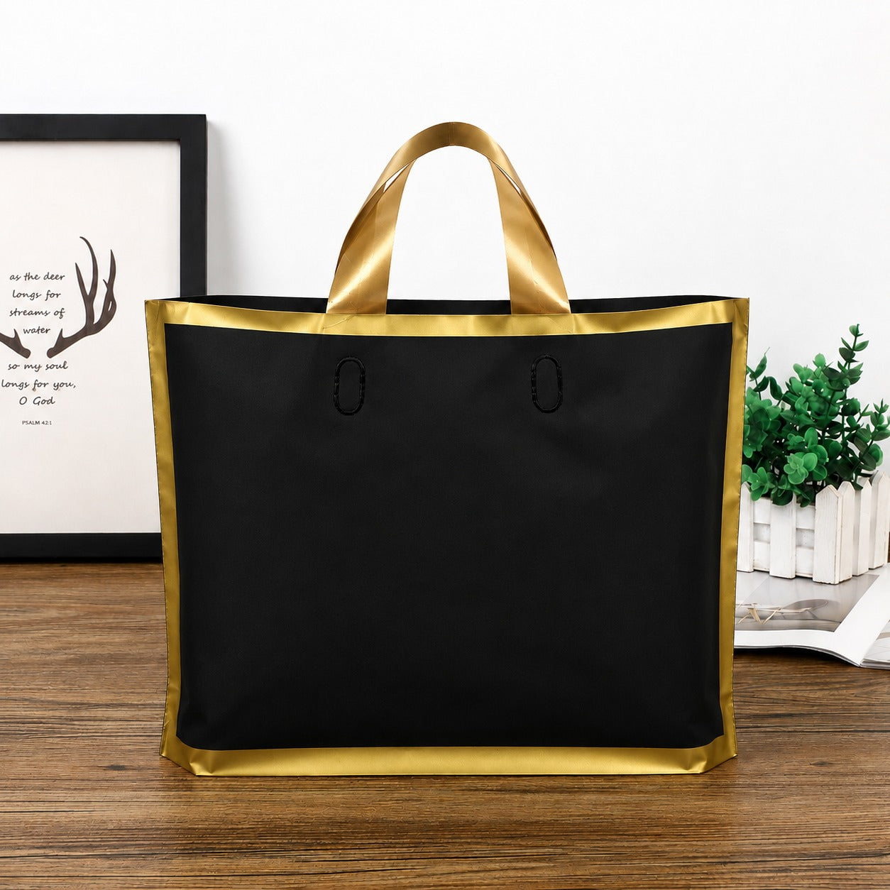Premium Plastic  Frosted Gift Carry Bag with Handle – Black, White & Green | 35×25×10 cm - Image 18