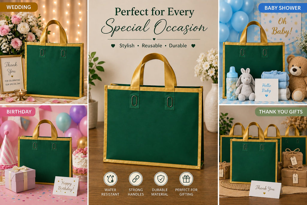 pack of 25pcs Premium Plastic  Frosted Gift Carry Bag with Handle – Black, White & Green | 35×25×10 cm