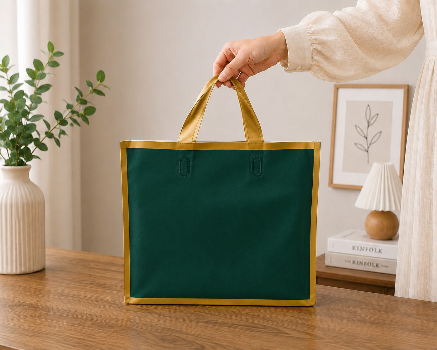Premium Plastic  Frosted Gift Carry Bag with Handle – Black, White & Green | 35×25×10 cm - Image 12