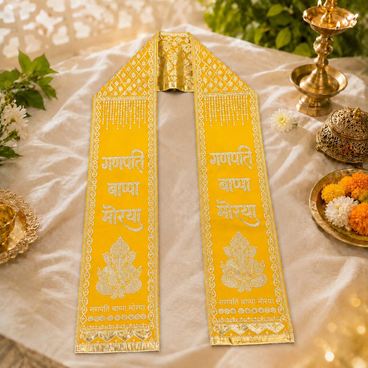 Ganpati Bappa Morya Khes  | Devotional Printed Puja Stole | 66 × 6 Inch | Ganesh Festival, Visarjan, Bhajan - Image 6