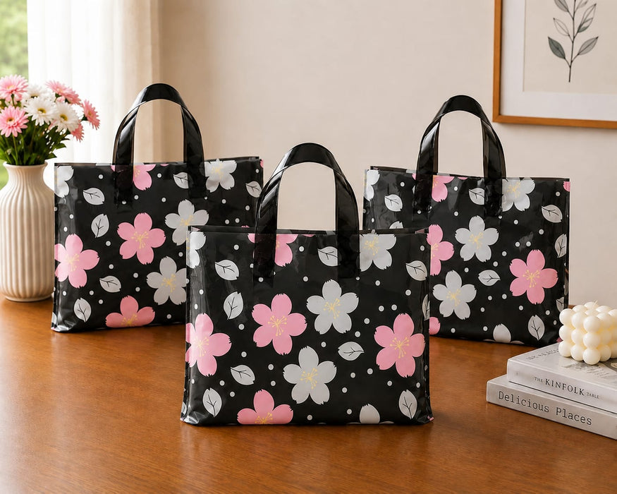 pack of 50pcs Premium Printed Frosted Plastic Gift Tote Bags | Reusable Carry Bags for Return Gifts, Hampers & Party Packaging (5 Designs Available)