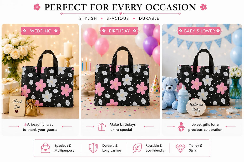 Premium Printed Frosted Plastic Gift Tote Bags | Reusable Carry Bags for Return Gifts, Hampers & Party Packaging (5 Designs Available) - Image 17