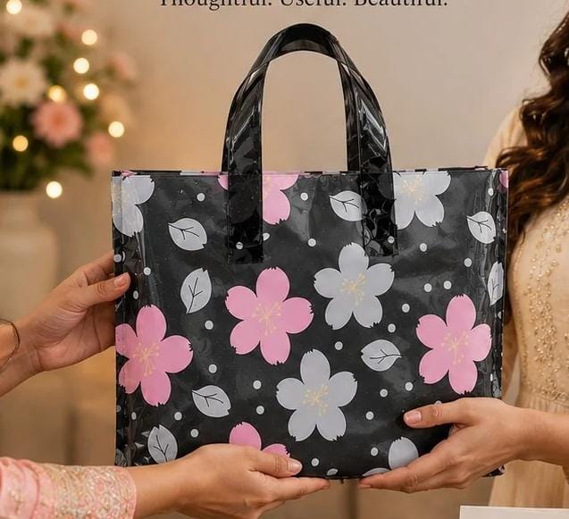 Premium Printed Frosted Plastic Gift Tote Bags | Reusable Carry Bags for Return Gifts, Hampers & Party Packaging (5 Designs Available) - Image 15