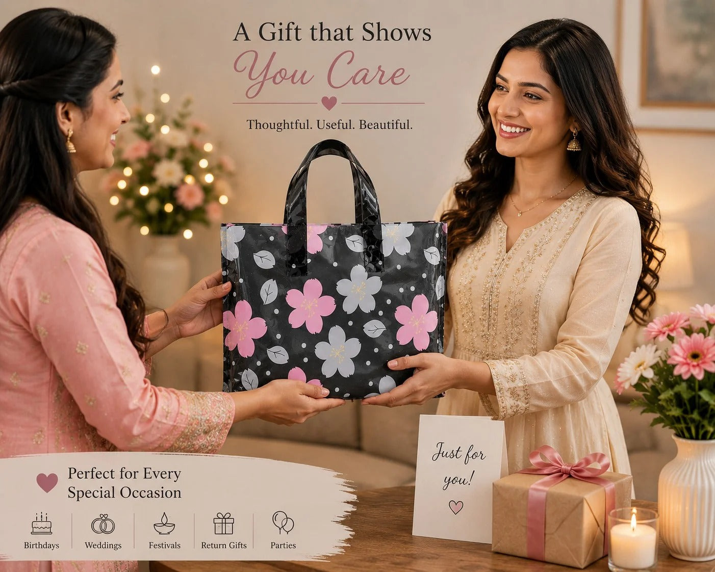 Premium Printed Frosted Plastic Gift Tote Bags | Reusable Carry Bags for Return Gifts, Hampers & Party Packaging (5 Designs Available) - Image 18