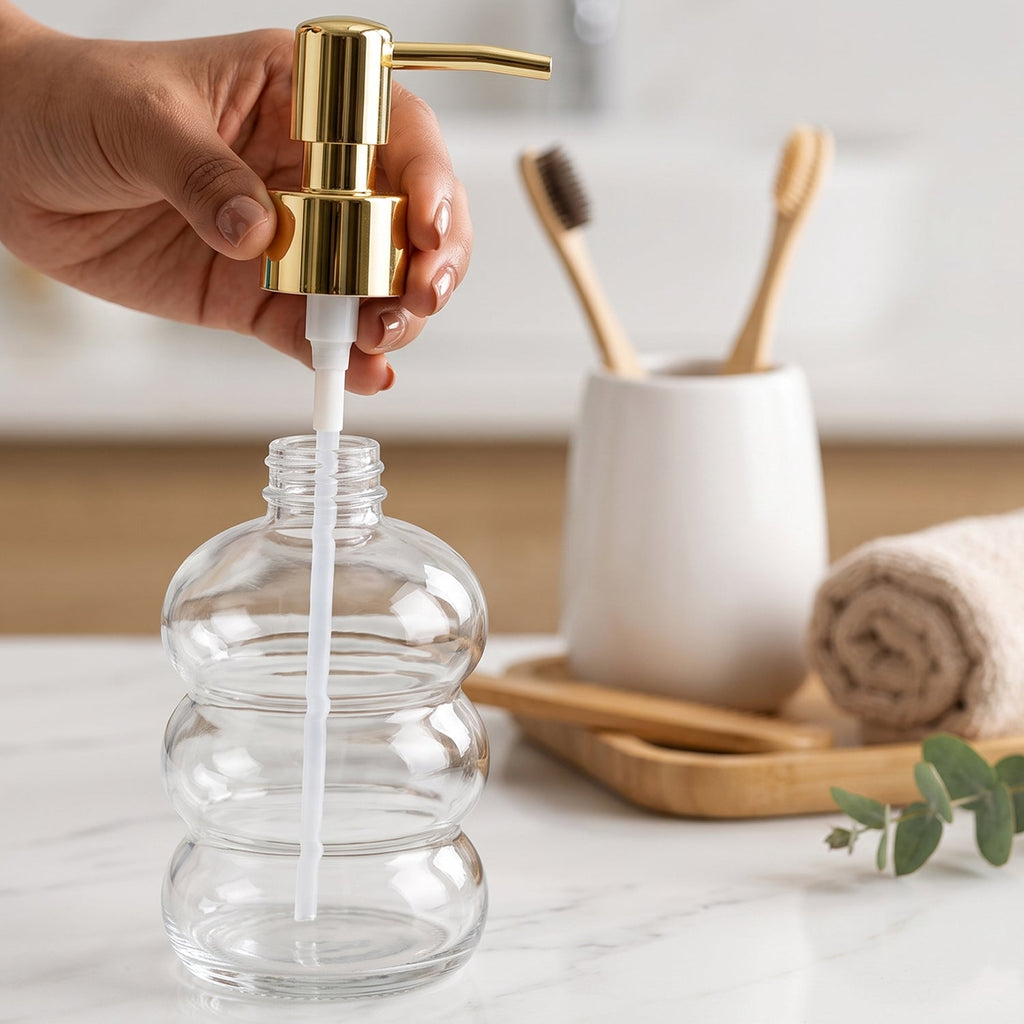 Transparent Glass Liquid Soap Dispenser Bottle With Gold Pump (1 Pc)