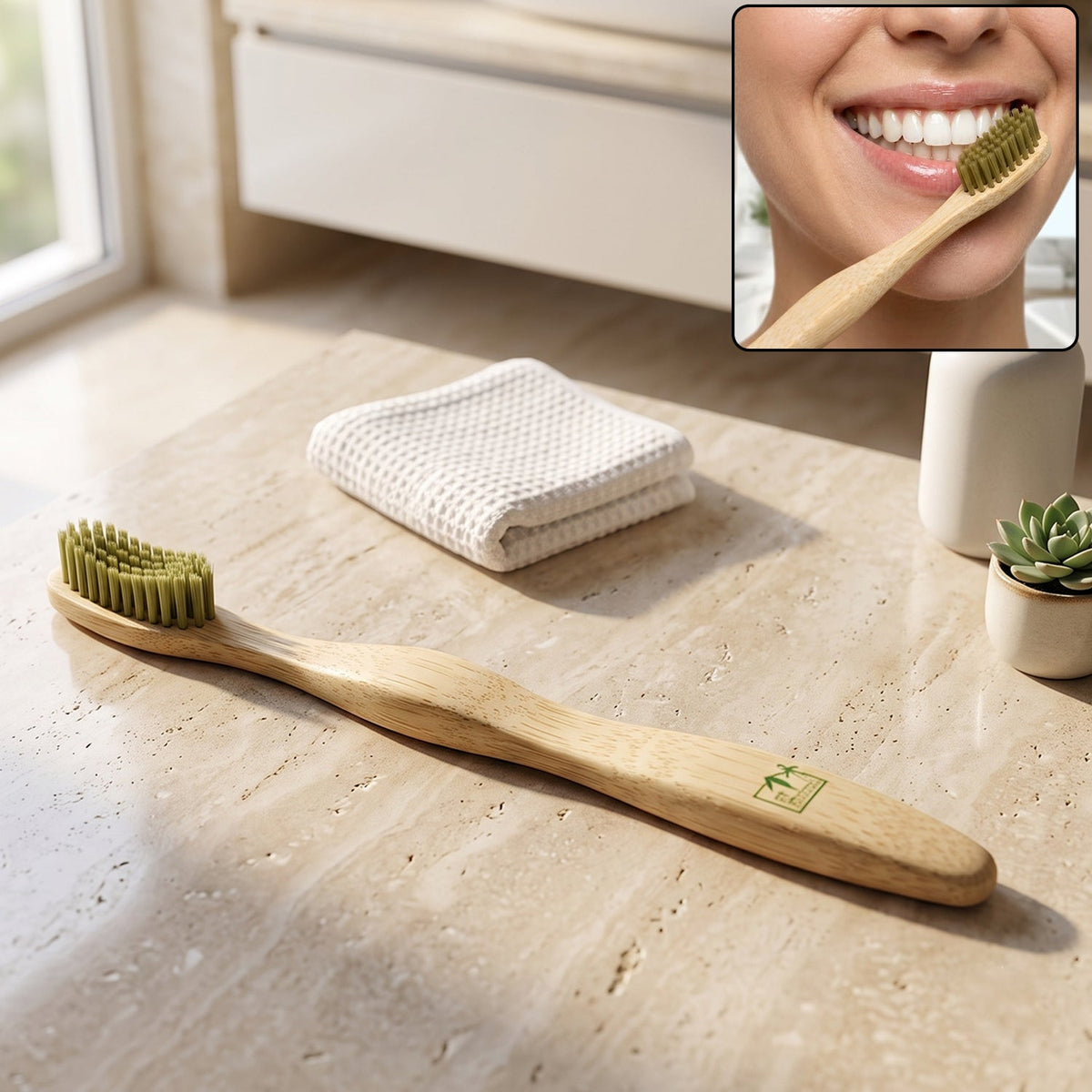 Soft Bristle Bamboo Toothbrush, Eco-Friendly Wooden Toothbrush with Green Bristles (1 Pc) - Image 1