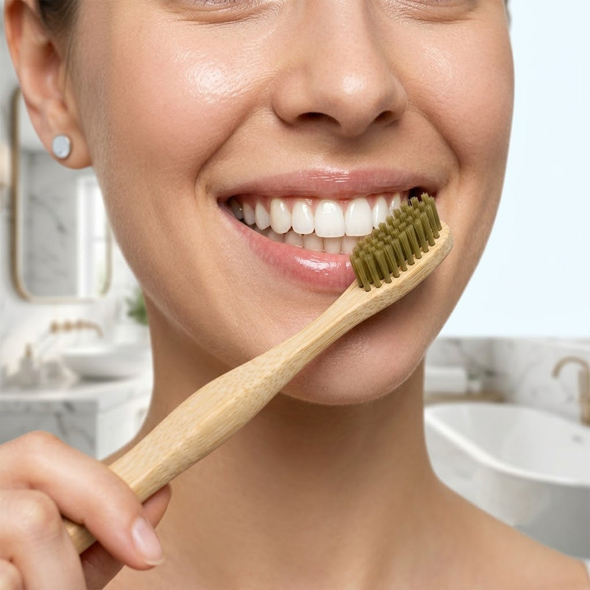 Soft Bristle Bamboo Toothbrush, Eco-Friendly Wooden Toothbrush with Green Bristles (1 Pc) - Image 3