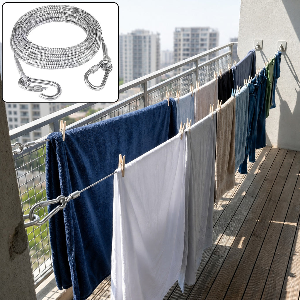 Heavy Duty Steel Wire Rope  5 Meter Clothesline With Carabiner Hooks
