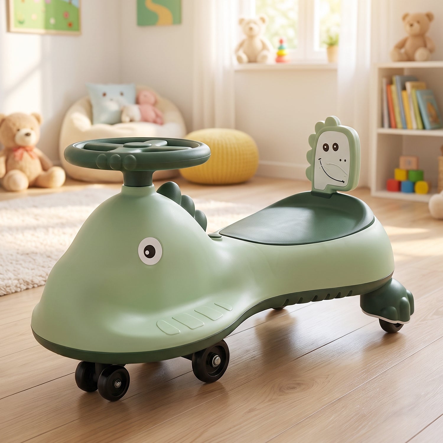 Kids Dinosaur Swing Car Ride On Toy With Music And Steering Wheel (1 Pc)
