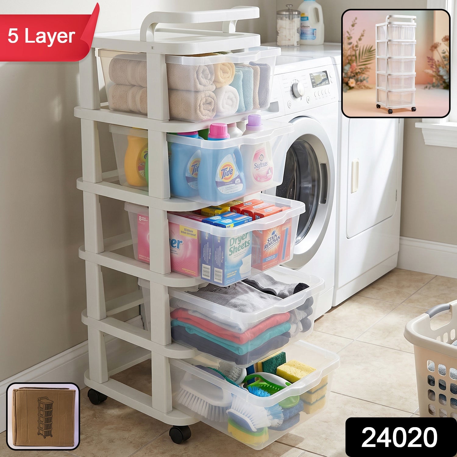 5 Layer Plastic Storage Drawer Rack Organizer With Wheels For Home (1 Pc)