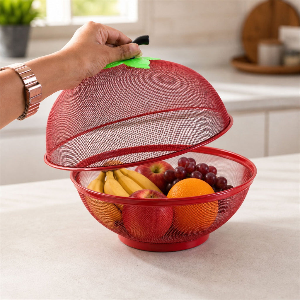 Metal Net Fruit Basket With Apple Shaped Dome Cover For Kitchen Use (1 Pc)