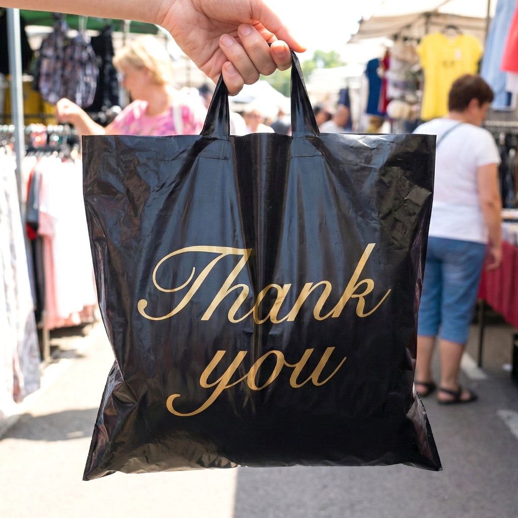 Large Black Thank You Printed Plastic Carry Bag (34  44 Cm 1 Pc)