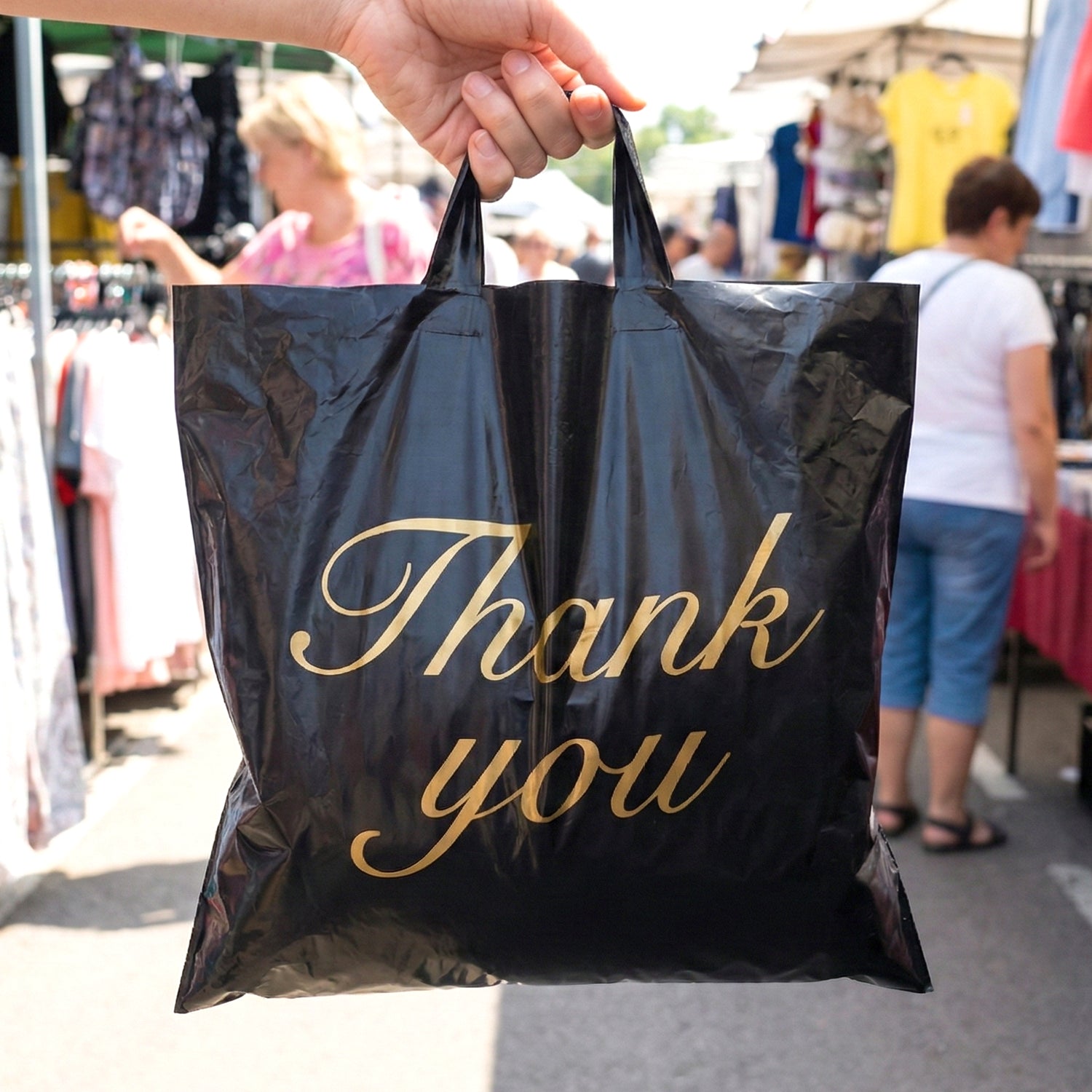 Large Black Thank You Printed Plastic Carry Bag (34  44 Cm 1 Pc)