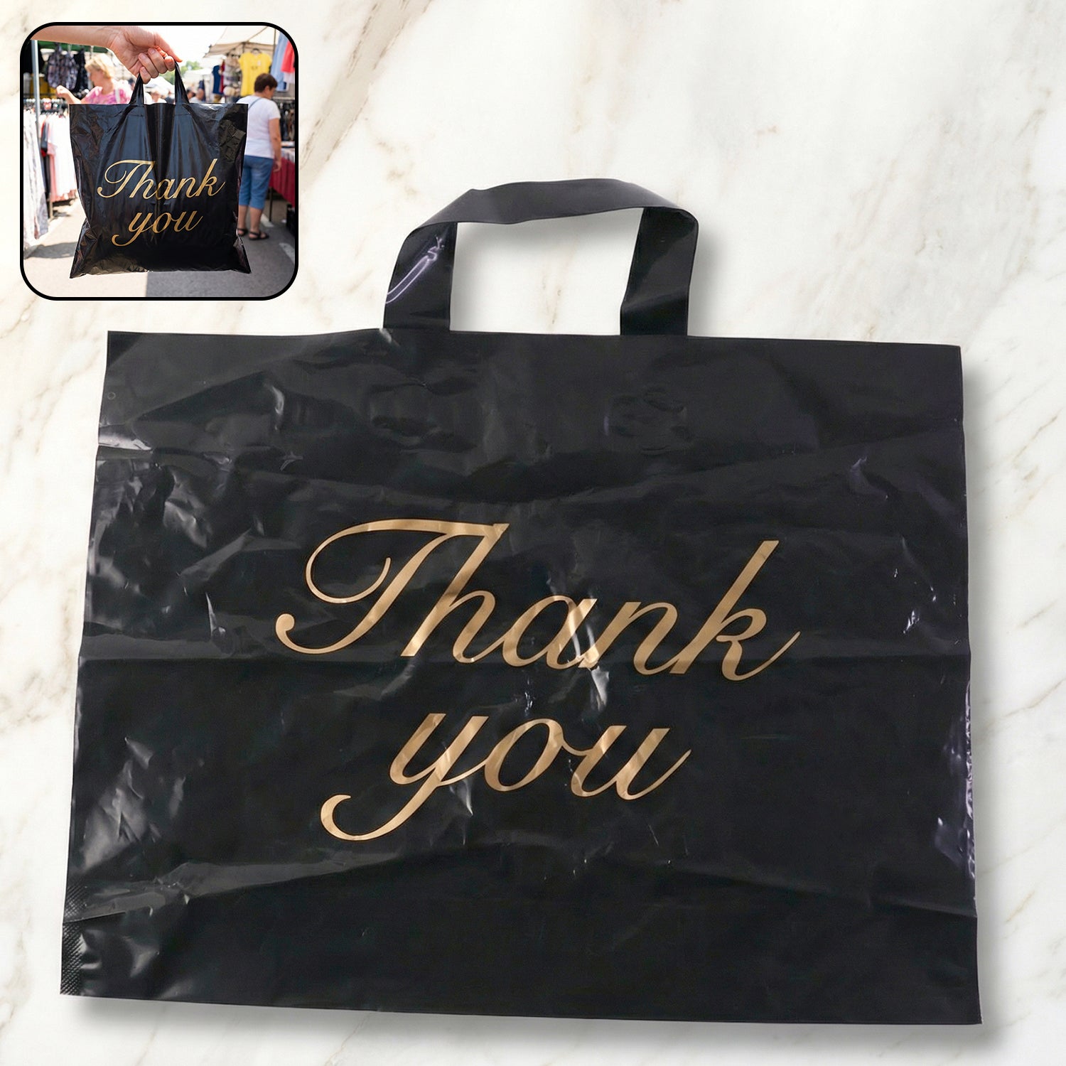 Large Black Thank You Printed Plastic Carry Bag (34  44 Cm 1 Pc)