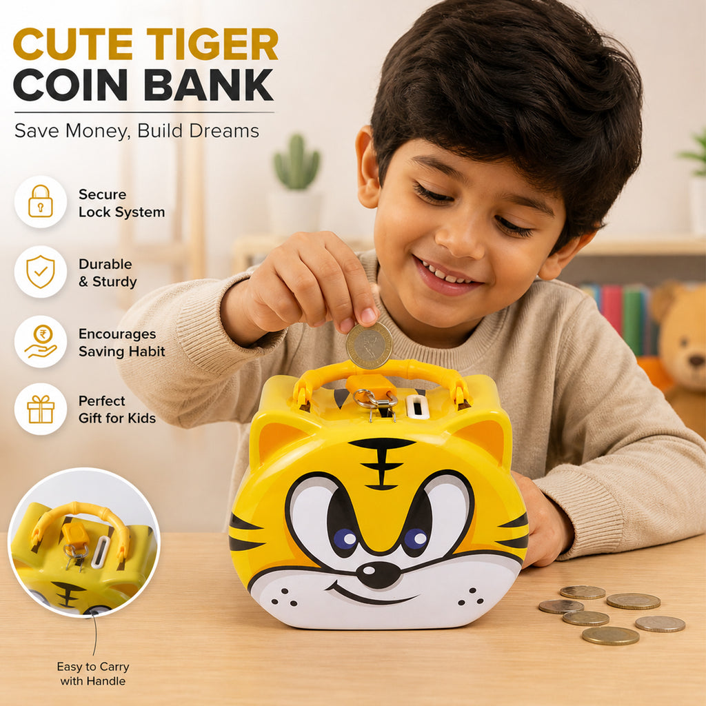 Cute Cartoon Design Metal Piggy Bank With Lock And Key (1 Pc Mix Design)