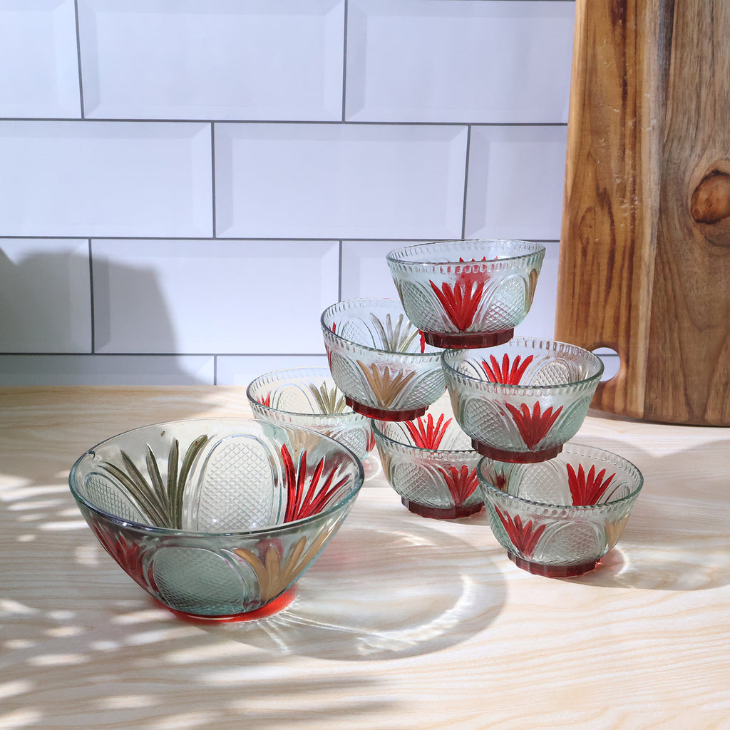 8234 Rose Glass Multipurpose Pudding  Dessert  Ice Cream Bowl Set For Home Use Home  Kitchen Serving Bowl For Sundae Sweets Snacks Fruit Pudding Nuts Or Dip Serving Bowls 6 Medium  1 Big Bowl (Set Of 7 Pc)