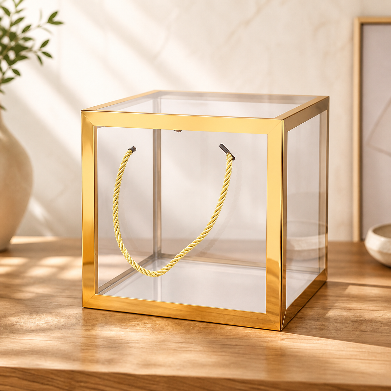 Clear Transparent Gift Box with Frame and Rope Handle for Hampers, Wedding Gifts, Return Gifts, Chocolates, Dry Fruits, Cosmetics, Baby Shower, Festive Gifting & Premium Gift Packaging (21 cm x 21 cm x 21 cm size) - Image 1