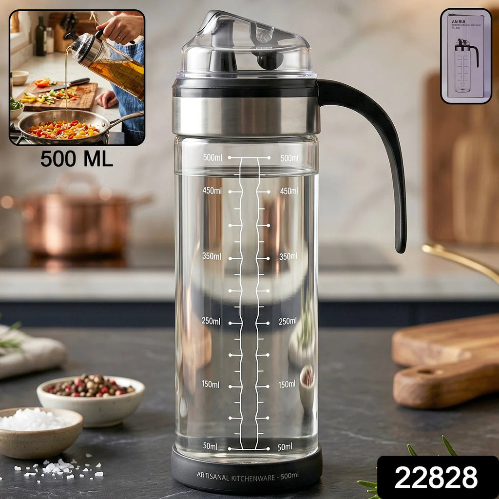 Glass Oil Dispenser Bottle With Handle And Auto Flip Lid For Kitchen (500 Ml)