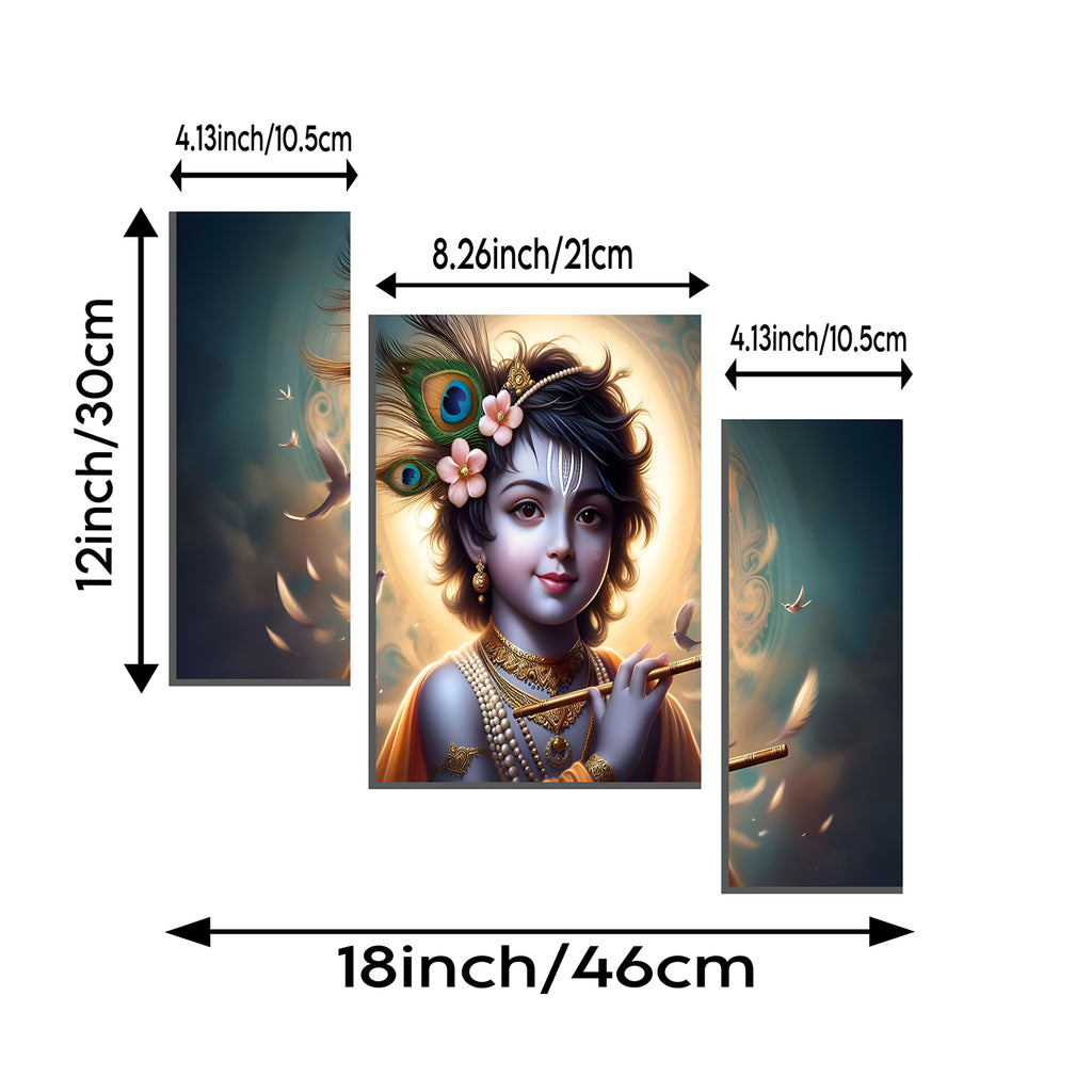 Krishna N Flute 3 Panel Mdf Wall Frame Wall Art Painting 16.5x12in (1 Pc)