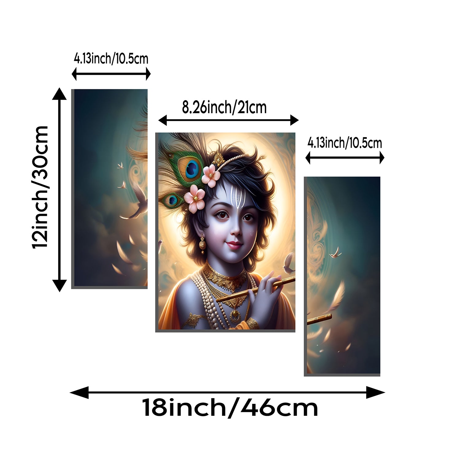 Krishna N Flute 3 Panel Mdf Wall Frame Wall Art Painting 16.5x12in (1 Pc)