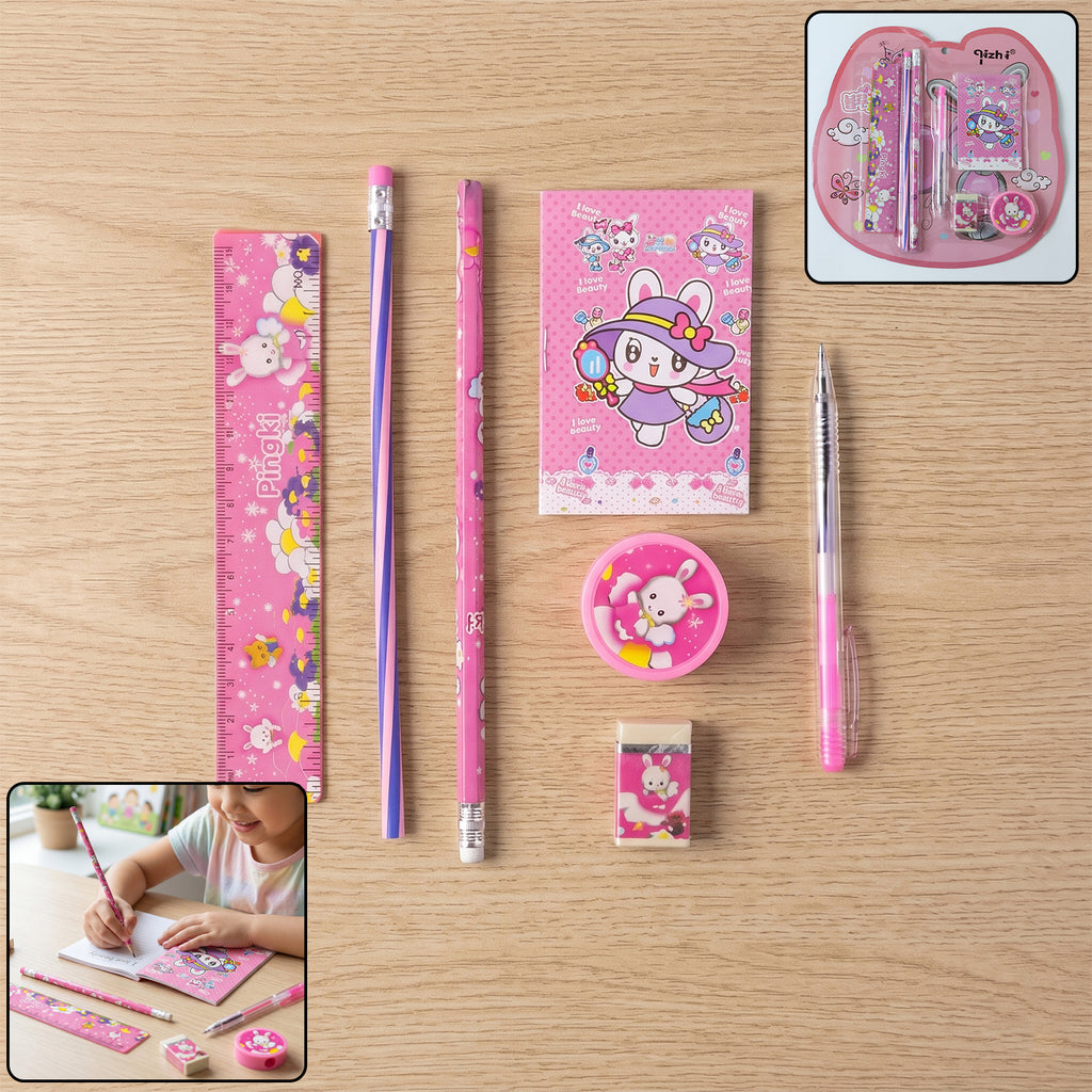 7-in-1 Cute Pink Stationery Set With Ruler Pencil Eraser Pen Notebook Sharpener