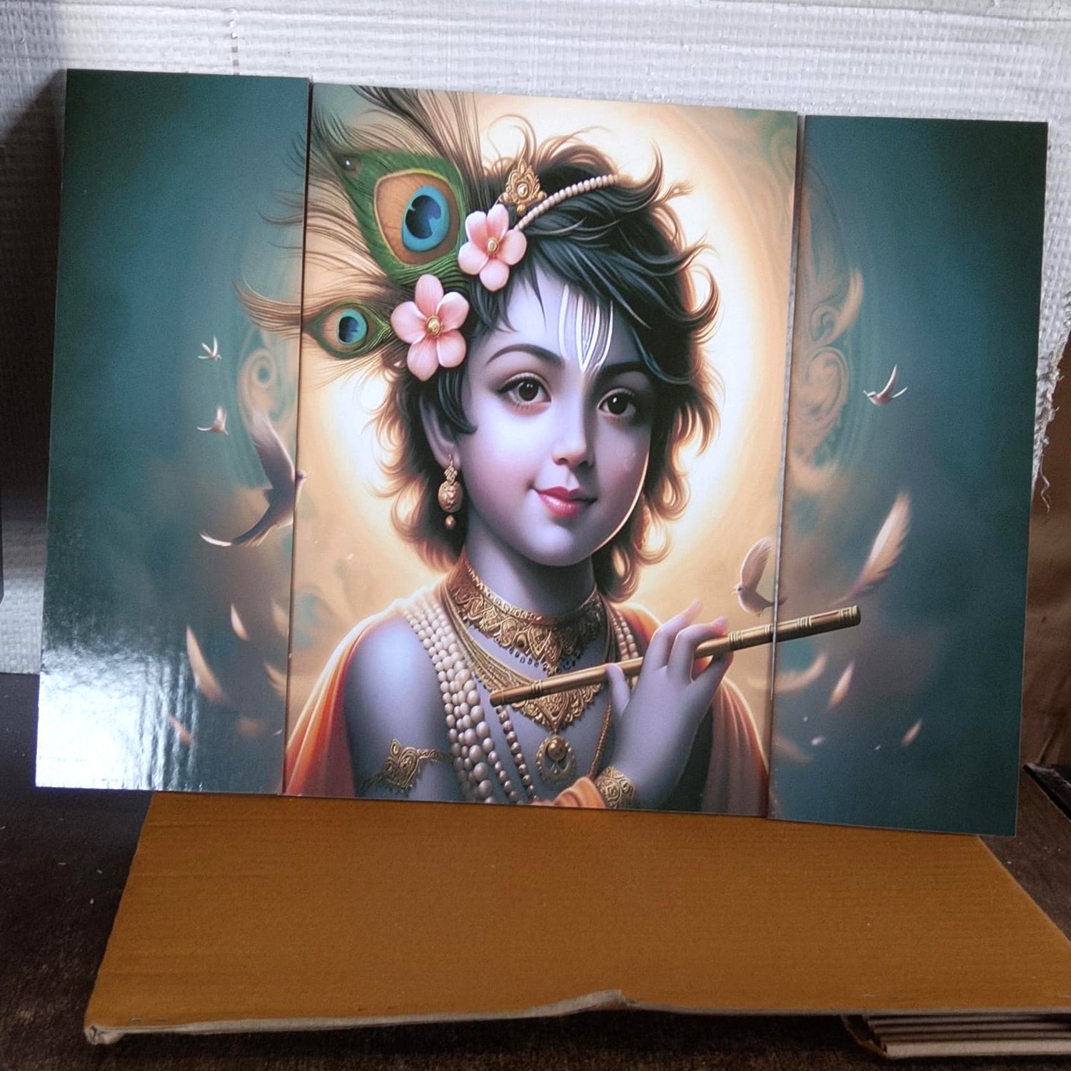 Krishna N Flute 3 Panel Mdf Wall Frame Wall Art Painting 16.5x12in (1 Pc)