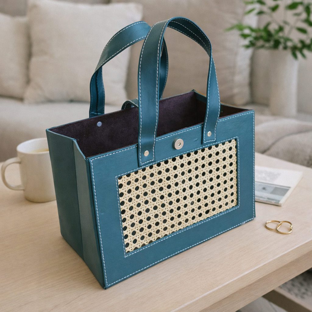Premium Handcrafted  Purse / Leather Storage Basket with Handle — Multipurpose Organizer for Gifts, Gifting Hampers, Home Décor, Office Storage (12.5 x 7 x 8.5 Inch) (Blue) - Image 1