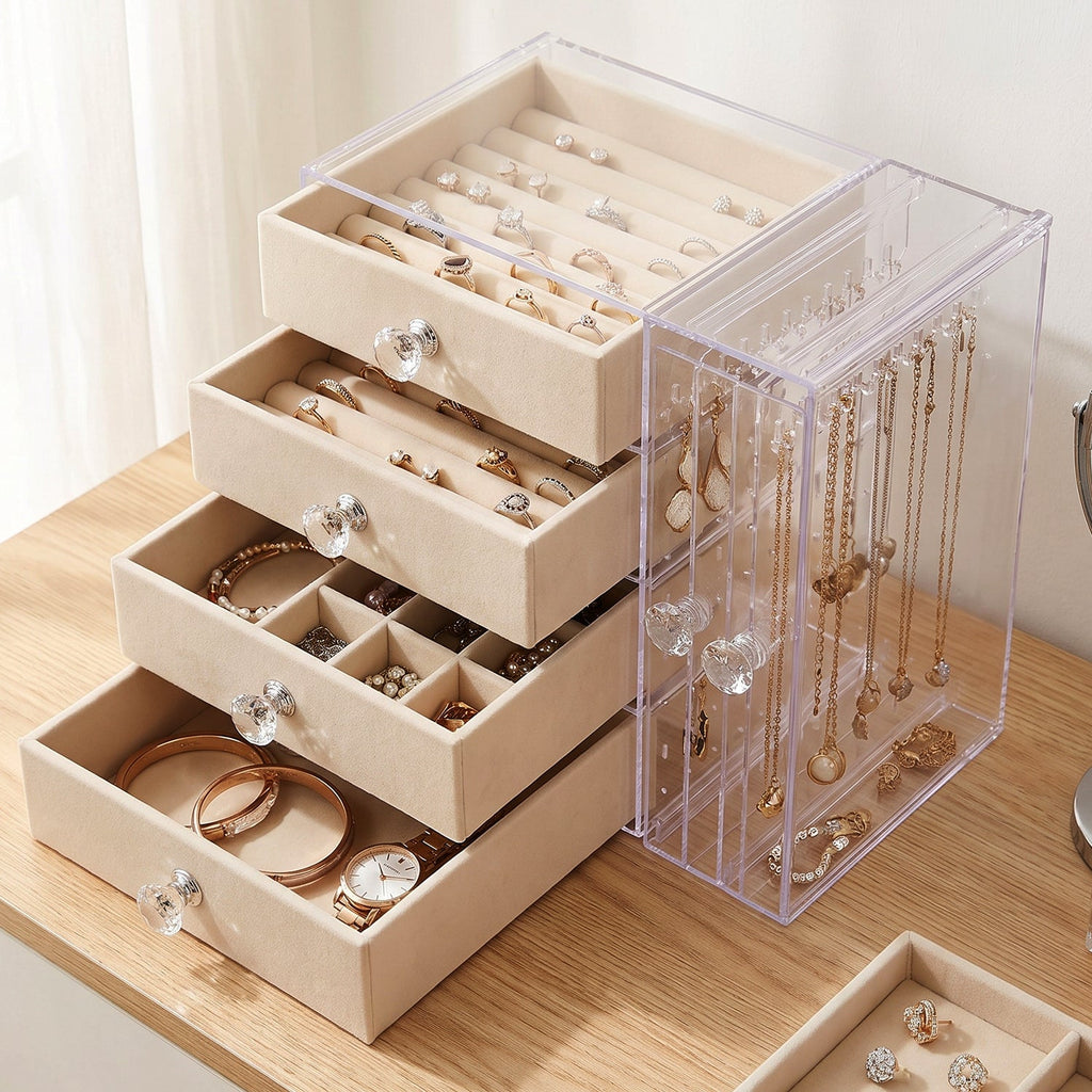 Acrylic Jewelry Organizer Box Multi-drawer Velvet Storage For Rings (1 Set)