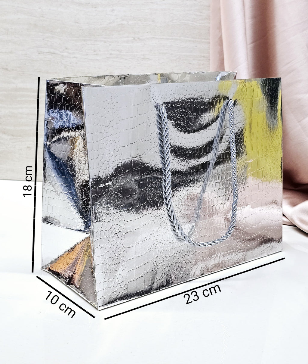 Small Size Shiny Paper Bag Gift Bags with Handle Gift Paper bag, gift For Gifting, marriage, Return Gifts, Birthday, Wedding, Party, Season's Greetings (Small, Silver) - Image 2
