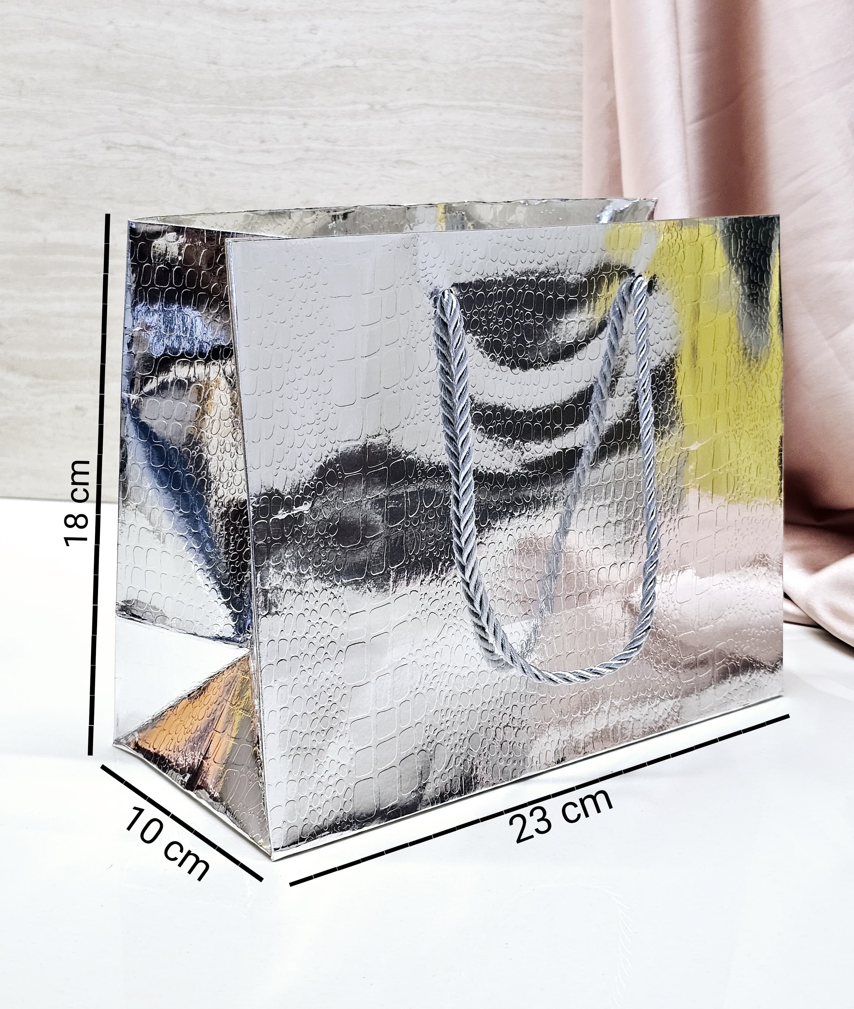 Small Size Shiny Paper Bag Gift Bags with Handle Gift Paper bag, gift For Gifting, marriage, Return Gifts, Birthday, Wedding, Party, Season's Greetings (Small, Silver) - Image 2