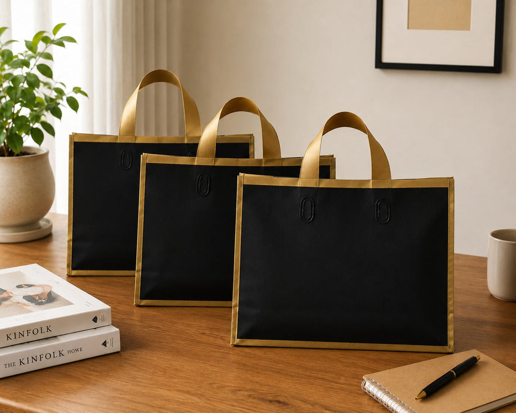 Premium Plastic  Frosted Gift Carry Bag with Handle – Black, White & Green | 35×25×10 cm - Image 8
