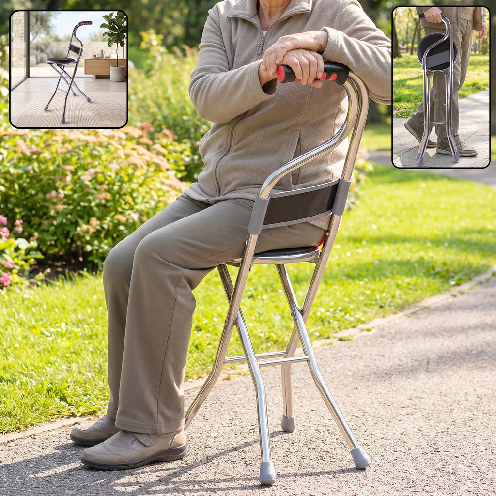 Folding Walking Stick With Seat And Backrest 4 Leg Cane Stool Chair (1 Pc)