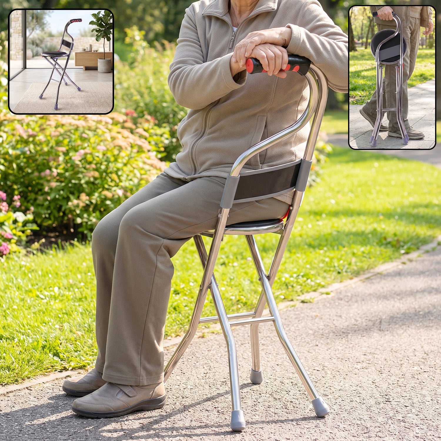 Folding Walking Stick With Seat And Backrest 4 Leg Cane Stool Chair (1 Pc)
