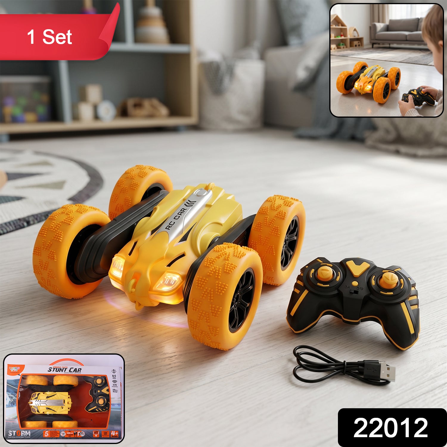 Remote Control Double Flip Stunt Car Rechargeable Rc Toy For Kids Play (1 Pc)