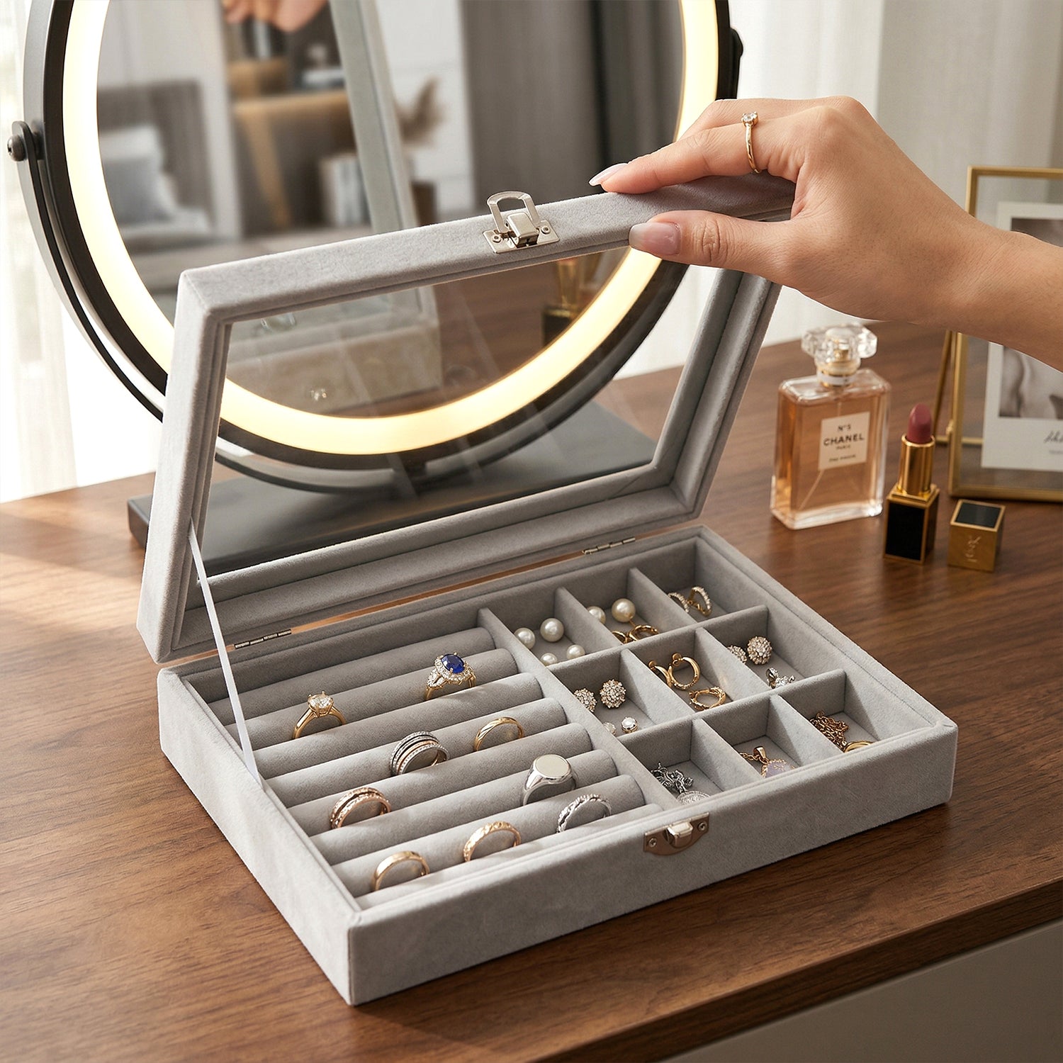 Premium Velvet Jewellery Organizer Box With Transparent Lid