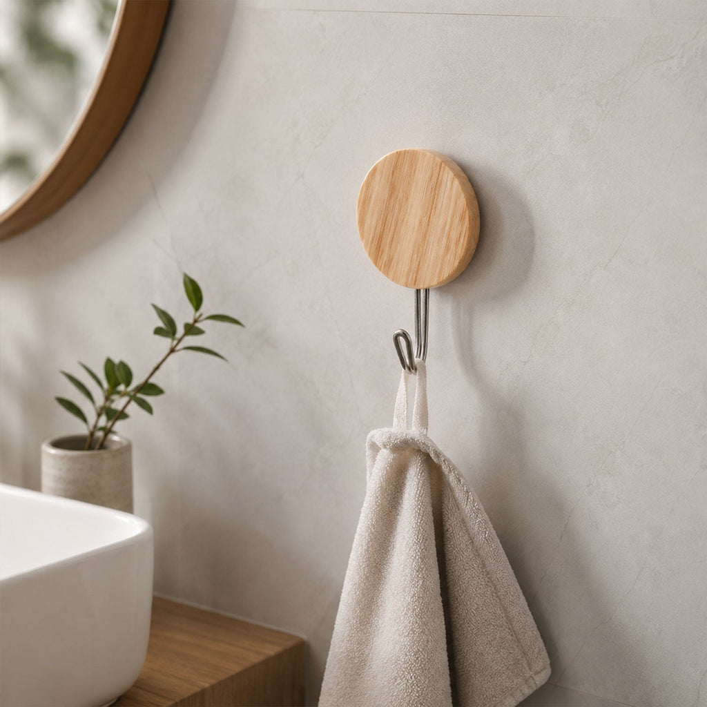 Self Adhesive Wall Hooks Strong Sticky Wooden Look Hanger No Drill (18 Pc)