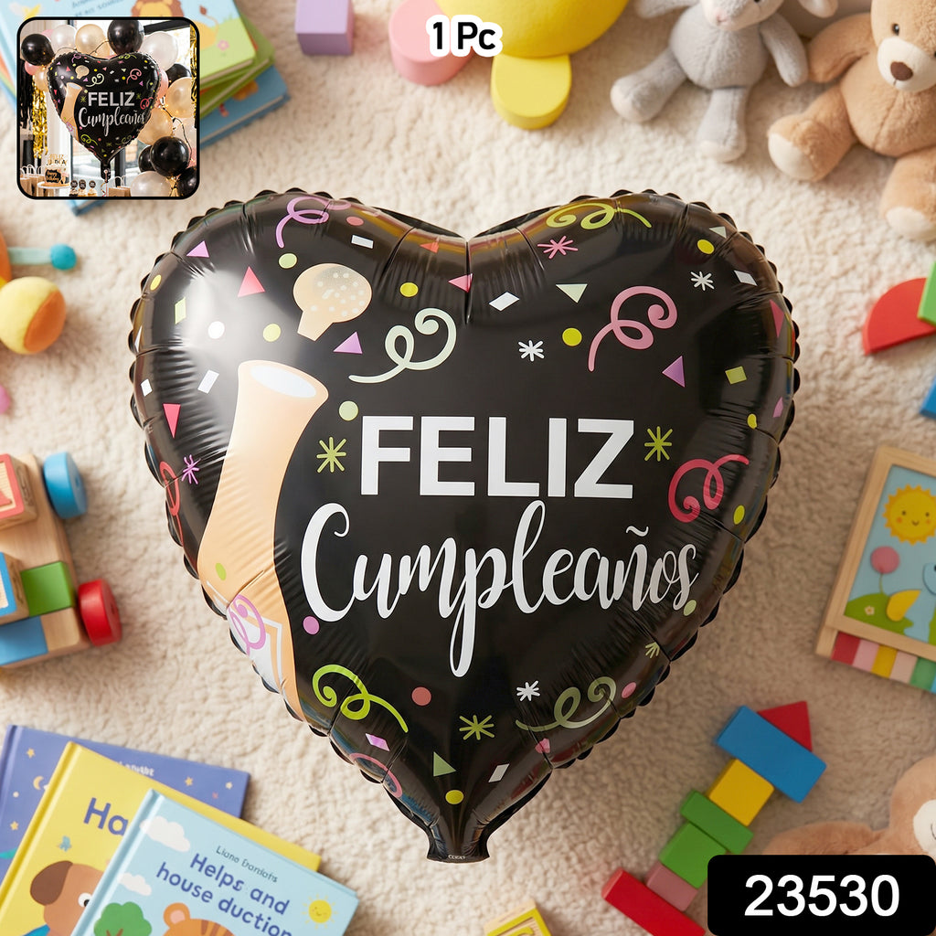 Black Heart Feliz Cumpleanos Foil Balloon (1 Pc)