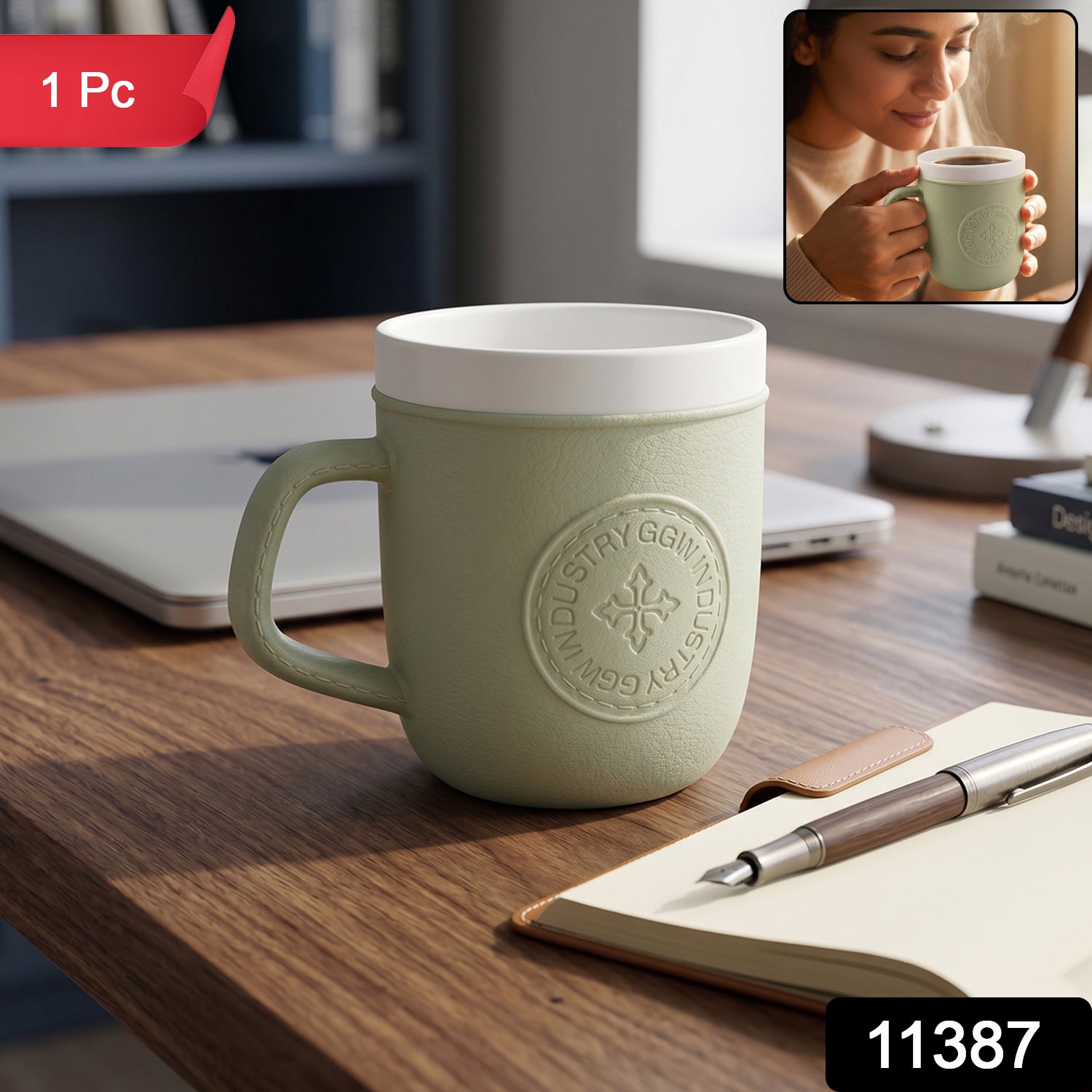 Plastic Coffee Mug With Handle Leather Texture Tea Cup For Home And Office (1 Pc)