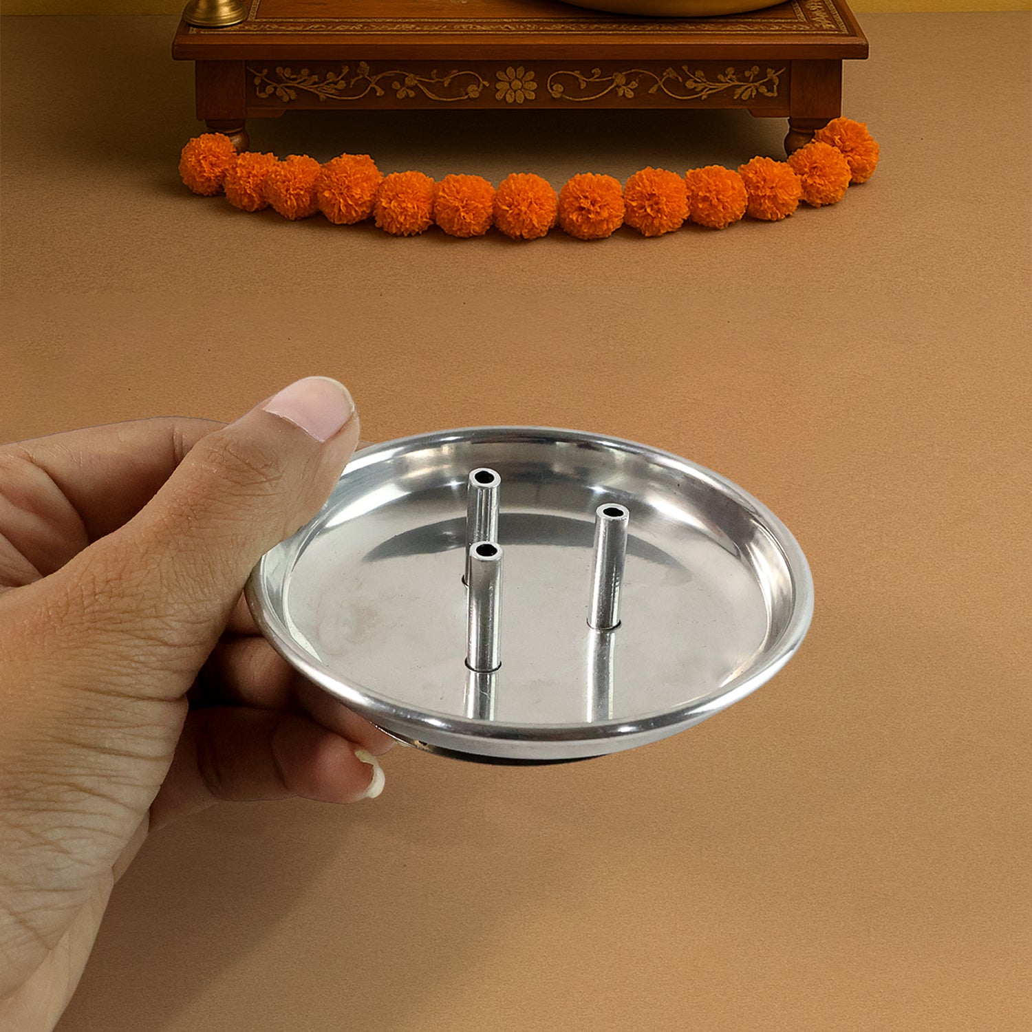 Stainless Steel Lotus Agarbatti Stand With Triple Stick Holder (1 Pc)